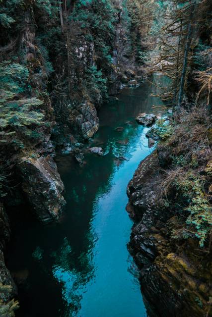Turquoise blue river canyon cutting through rocky gorge with forest