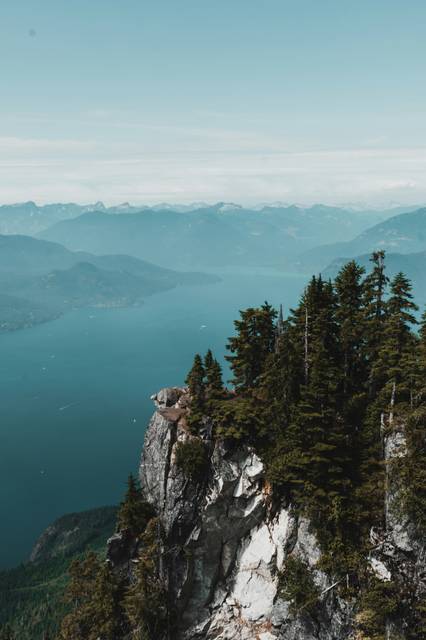 Rocky mountain peak with evergreen trees overlooking misty valley landscape